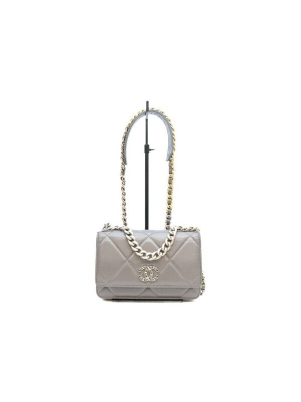 Chanel Gray Lambskin 19 Chain Wallet Shoulder Bag